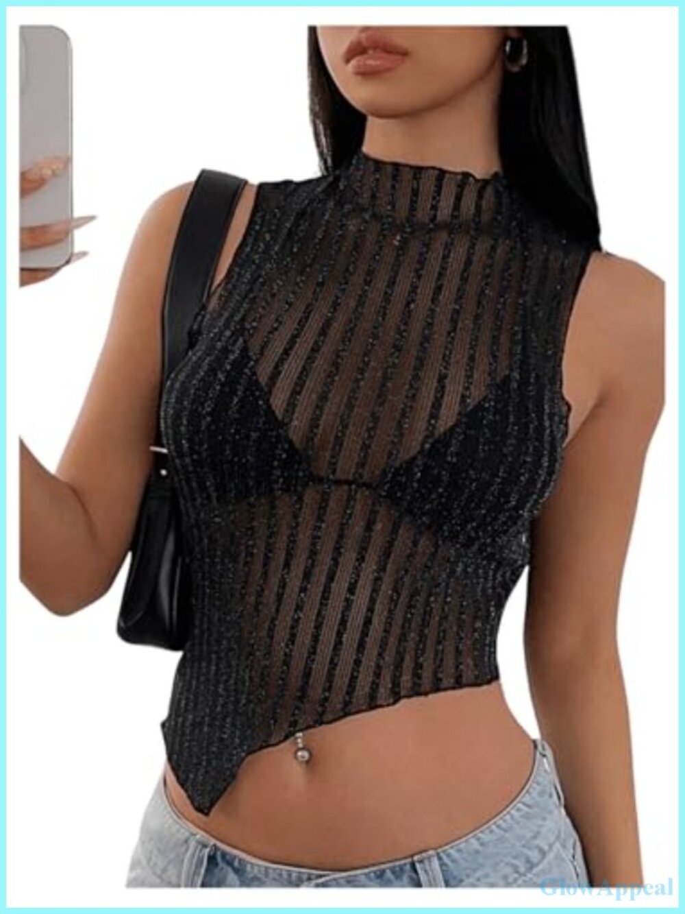 Sheer Mesh Striped Tank Top Mock Neck Asymmetrical Slim Fit Rave Club Party